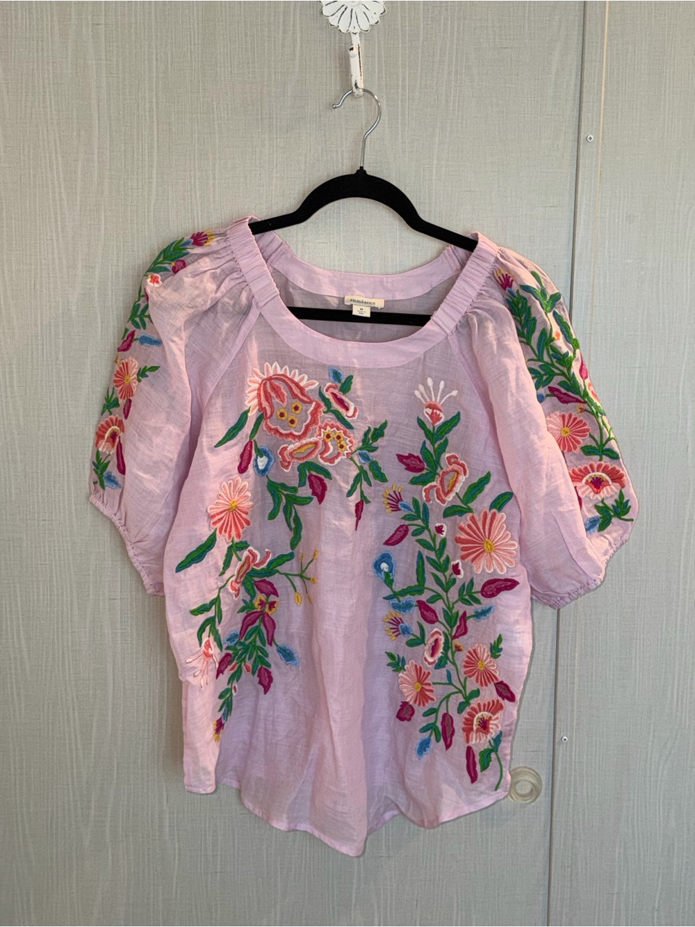 Sundance Catalog Pink Floral Vallejo Embroidered Boho Peasant Top Women’s M
